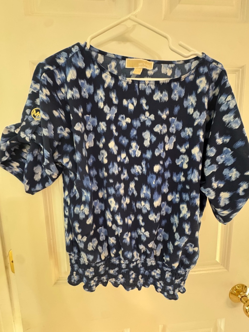 Michael Kors Blue Floral-Spot Smocked Hem Blouse